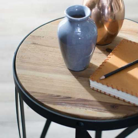 Image of Modern Industrial Drum Style Steel Side Table with Wood Top