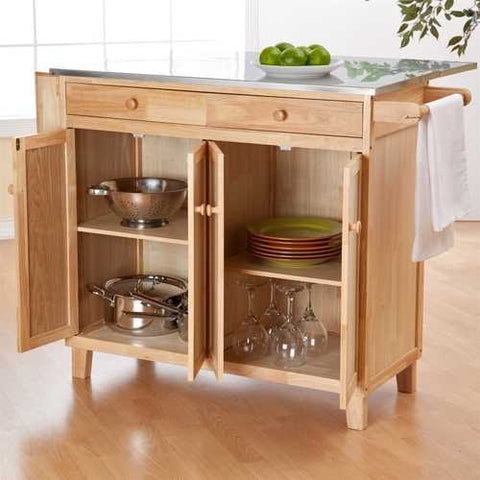 Image of Stainless Steel Top Kitchen Island Counter Height Utility Table in Natural Wood Finish