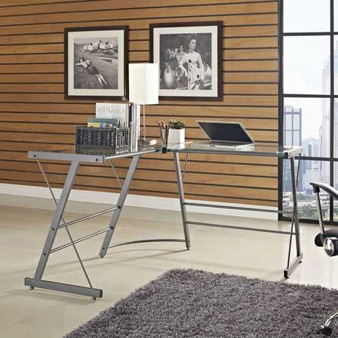 Image of Metal Frame Glass Top L-Shape Desk - Laptop Computer Writing Table