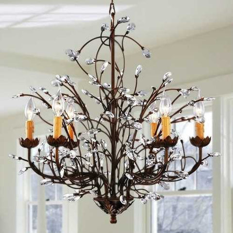 Image of Antique Bronze 6-light Crystal and Iron Chandelier