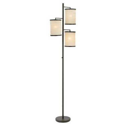 Image of Tree Lamp 3-Light Floor Lamp in Antique Bronze & White Cotton Fabric Shades