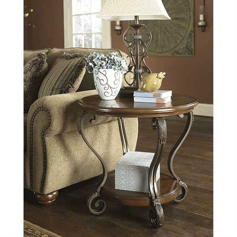 Image of Accent End Table Nightstand in Brown Wood with Scrolling Metal Legs