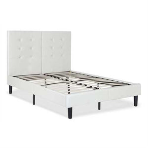 Queen size Off-White Light Grey Faux Leather Upholstered Platform Bed with Headboard