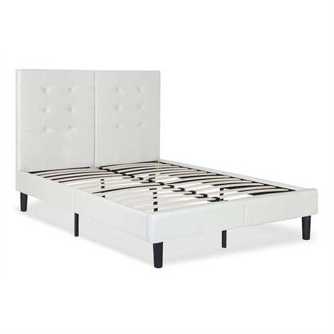 Image of Queen size Off-White Light Grey Faux Leather Upholstered Platform Bed with Headboard