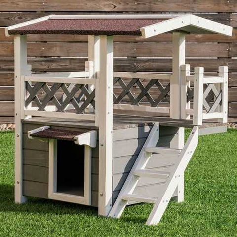 Image of Modern Gray and White 2-Story Outdoor Weatherproof Wooden Cat House