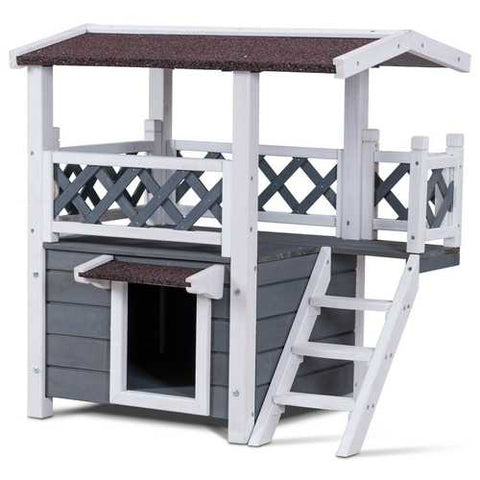 Image of Modern Gray and White 2-Story Outdoor Weatherproof Wooden Cat House