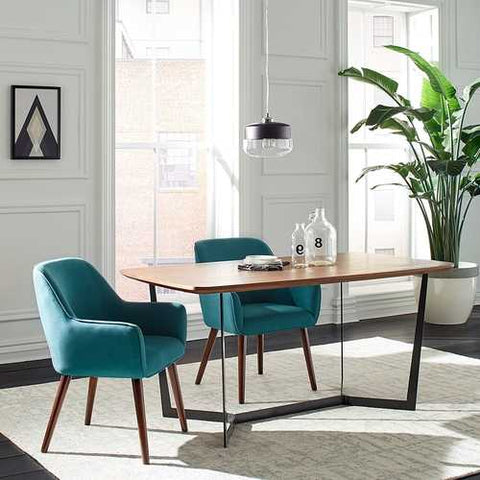 Image of Modern Mid-Century Style Accent Dining Chair with Wood Legs and Aqua Blue Upholstery