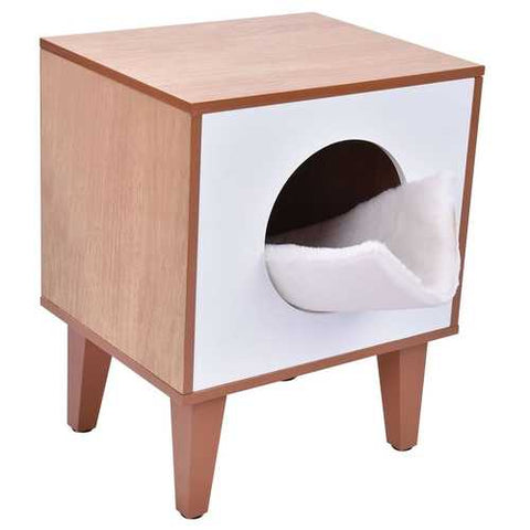 Image of Modern Wood and White Cat Box Pet Bed Furniture with Soft Pad