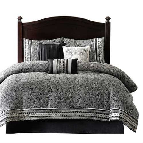 Image of King size 7-Piece Comforter Set with Damask Pattern in Black White Gray