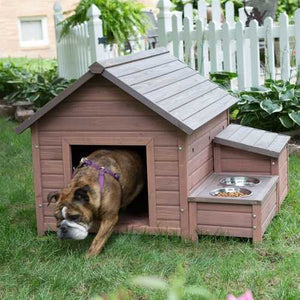 Solid Wood A-Frame Outdoor Dog House with Food Bowl and Storage