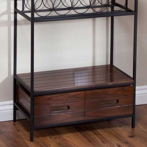 Image of Sturdy Metal and Wood Bakers Rack with Wine Glass and Bottle Storage