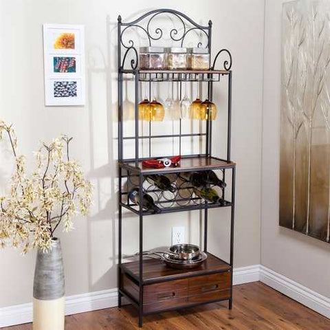 Image of Sturdy Metal and Wood Bakers Rack with Wine Glass and Bottle Storage