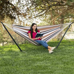 Portable Cotton Hammock in Desert Strip with Metal Stand and Carry Case