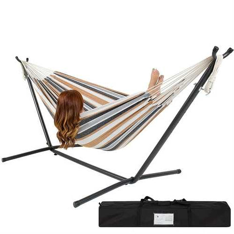 Image of Portable Cotton Hammock in Desert Strip with Metal Stand and Carry Case