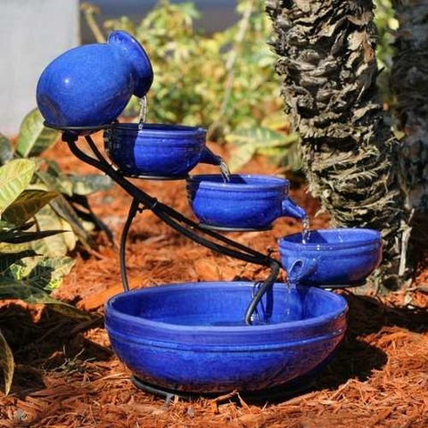 Image of Blue Ceramic Outdoor Cascading Fountain Bird Bath with Solar Pump