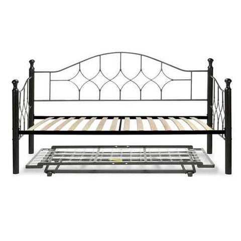 Image of Twin Metal Daybed Frame with Wooden Slats and Pop-Up Trundle Bed