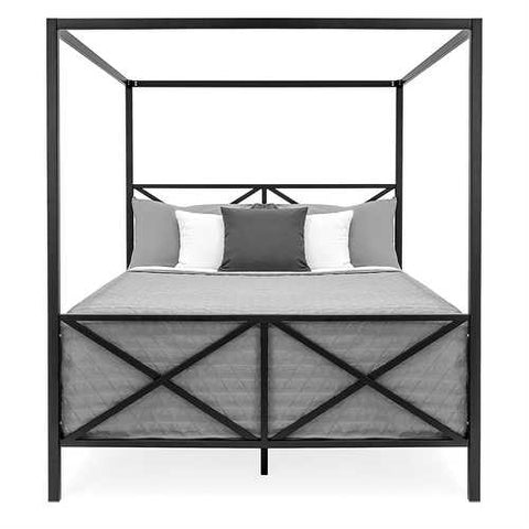 Image of Queen size Modern Industrial Style Canopy Bed Frame in Black Metal Finish