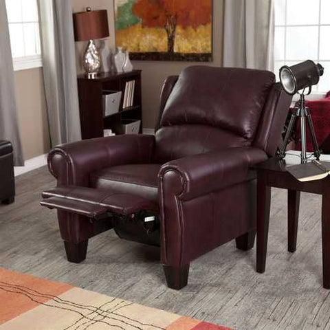 Image of Burgundy Top-Grain Leather Upholstered Wing-back Club Chair Recliner