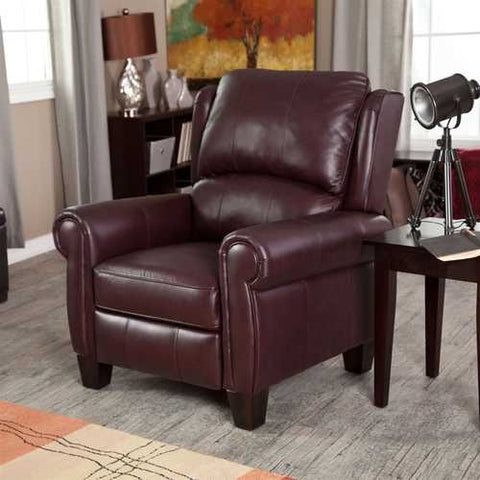 Image of Burgundy Top-Grain Leather Upholstered Wing-back Club Chair Recliner