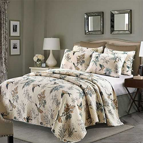 Image of King 3-Piece Cotton Quilt Bedspread Set with Floral Birds Pattern