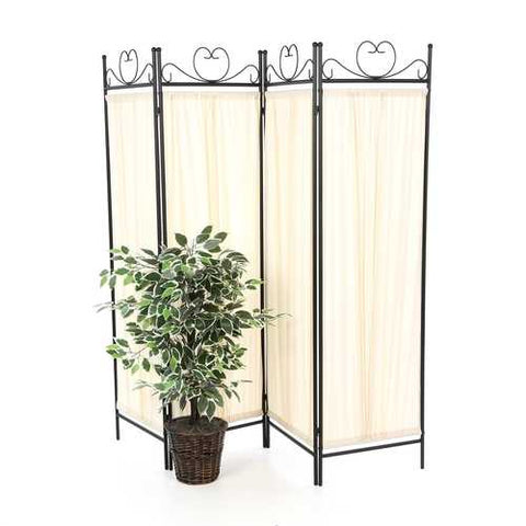 Image of Black Metal 4-Panel Room Divider with Off-White Fabric Screen