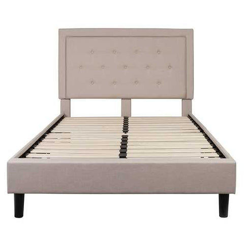 Image of Full Beige Fabric Upholstered Platform Bed Frame with Tufted Headboard