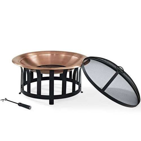 Image of Oversized Copper Bowl Fire Pit with Black Steel Frame Poker and Spark Screen