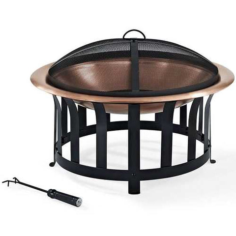 Image of Oversized Copper Bowl Fire Pit with Black Steel Frame Poker and Spark Screen