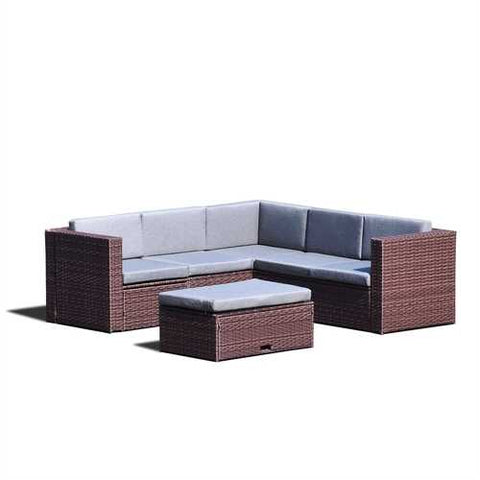 Image of Brown Resin Wicker 4-Piece Outdoor Patio Furniture Set with Grey Cushions