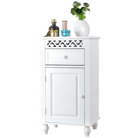 Image of White Floor Linen Cabinet Bathroom Storage Organizer