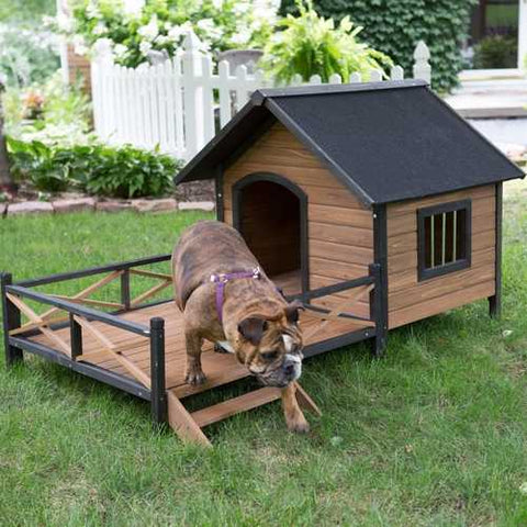 Image of Large Solid Wood Outdoor Dog House with Spacious Deck Porch