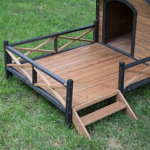 Image of Large Solid Wood Outdoor Dog House with Spacious Deck Porch