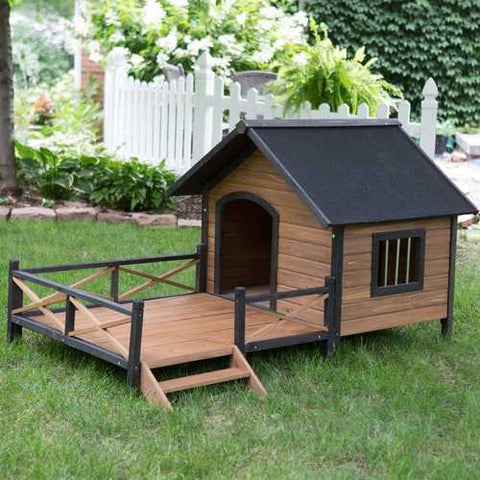 Image of Large Solid Wood Outdoor Dog House with Spacious Deck Porch