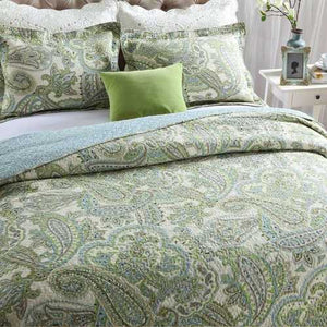 Queen size 3-Piece 100-Percent Cotton Bedspread Quilt Set with Green Paisley Pattern