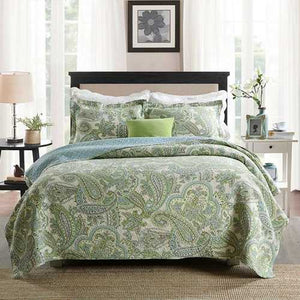 Queen size 3-Piece 100-Percent Cotton Bedspread Quilt Set with Green Paisley Pattern