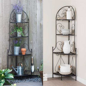 Indoor / Outdoor Corner Bakers Rack Folding Metal Plant Stand with 4-Shelves