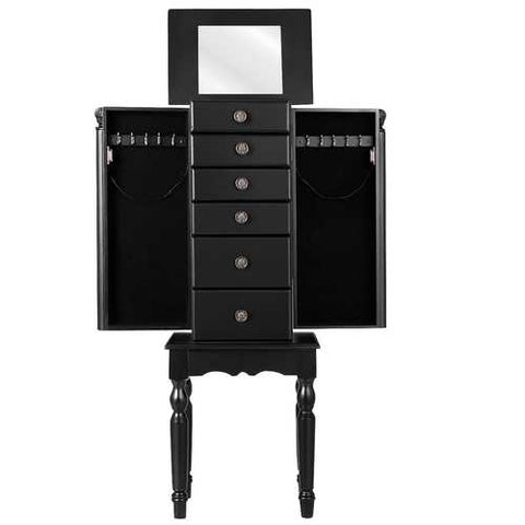 Image of Black Wood Jewelry Armoire 6-Drawer Storage Chest with Mirror