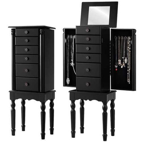 Image of Black Wood Jewelry Armoire 6-Drawer Storage Chest with Mirror