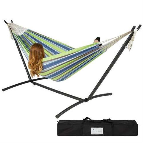 Image of Portable Blue Green Stripe Cotton Hammock with Metal Stand and Carry Case