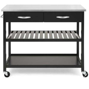 Stainless Steel Top Black Wood Frame Kitchen Island Cart on Casters