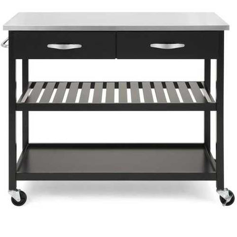 Image of Stainless Steel Top Black Wood Frame Kitchen Island Cart on Casters