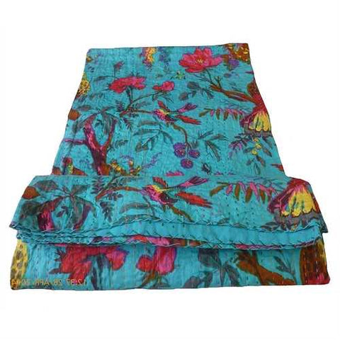 Image of King size Blue Floral Birds Cotton Quilt Blanket Bedspread