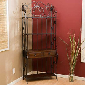 Black Wrought Iron and Walnut Wood Finish Bakers Rack