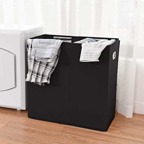 Image of Black 2-Bin Laundry Hamper Clothes Storage Basket with Removable Bags