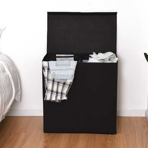 Image of Black 2-Bin Laundry Hamper Clothes Storage Basket with Removable Bags