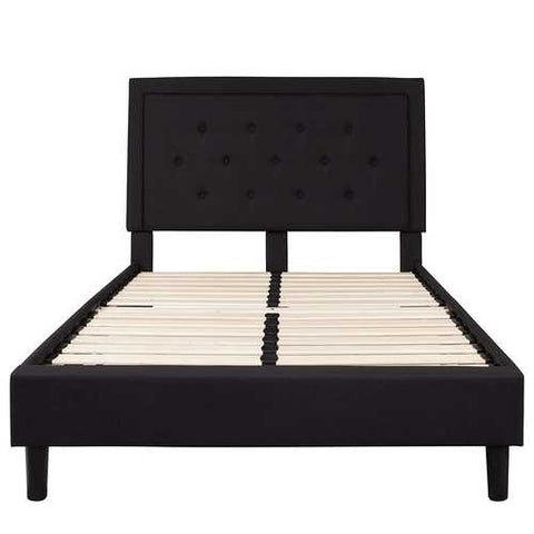 Image of Full size Black Fabric Upholstered Platform Bed Frame with Headboard