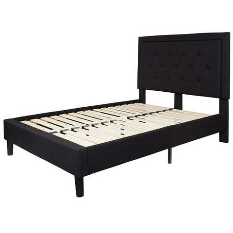 Image of Full size Black Fabric Upholstered Platform Bed Frame with Headboard