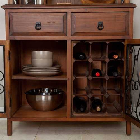 Image of Dark Oak Wood Finish Bakers Rack Server with Wine Storage Hutch