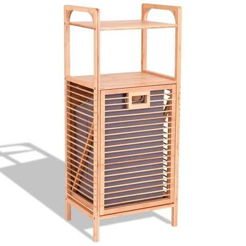 Image of Bamboo 2-in-1 Laundry Hamper Side Table with 2 Shelves and Clothes Basket