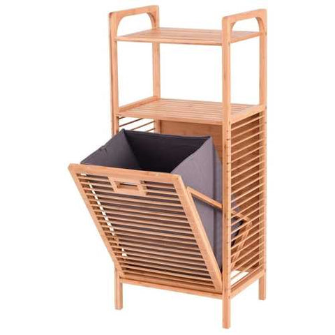 Image of Bamboo 2-in-1 Laundry Hamper Side Table with 2 Shelves and Clothes Basket